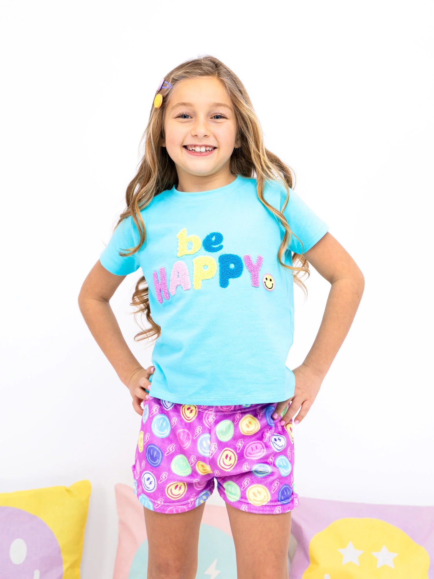 Preppy Goose Girls Two Piece Plush Smiley Faces Loungewear Shorts