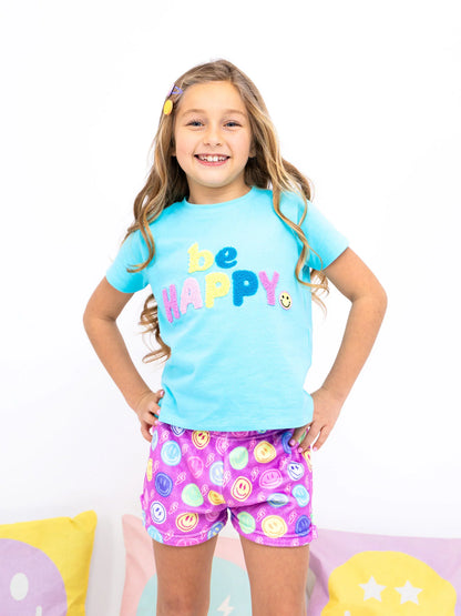 Preppy Goose Girls Two Piece Plush Smiley Faces Loungewear Shorts