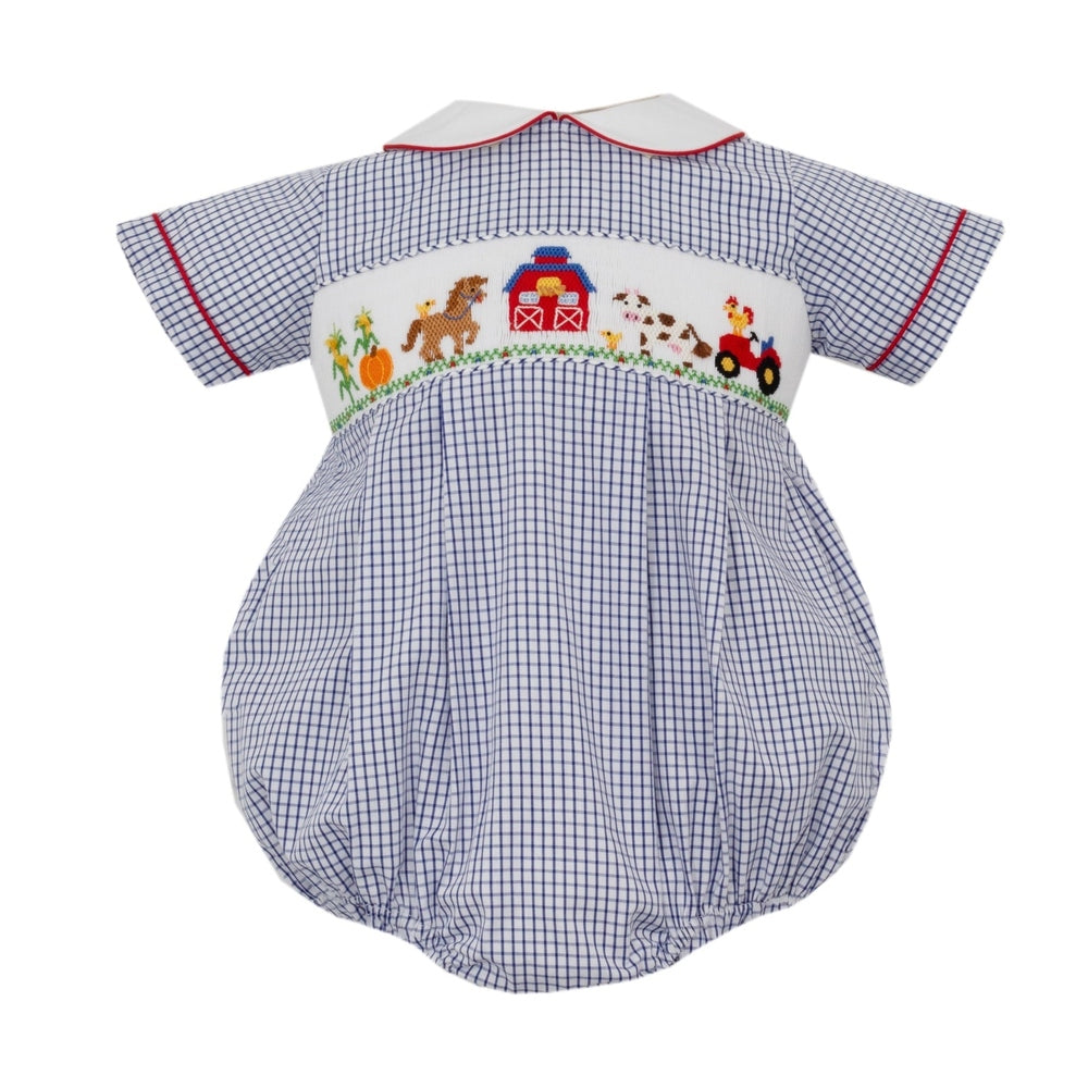 Anavini Boys Smocked Farm Navy Blue Check Bubble