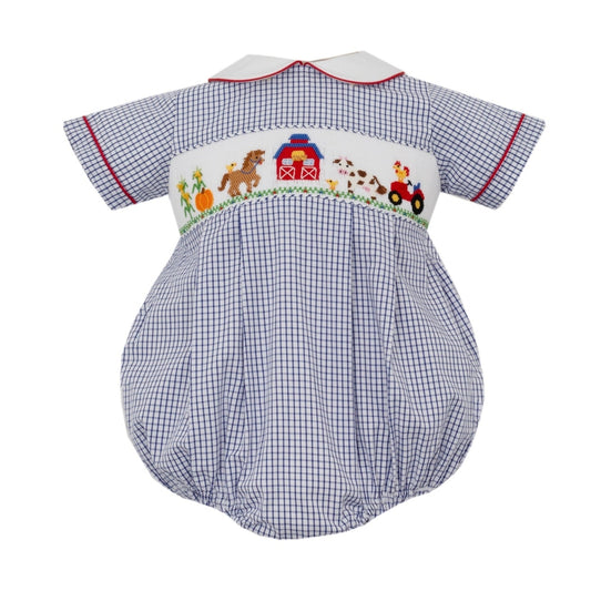 Anavini Boys Smocked Farm Navy Blue Check Bubble babysupermarket