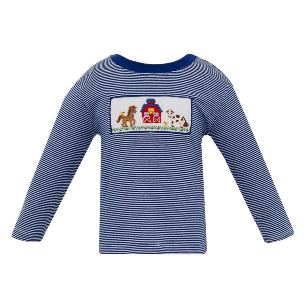 Anavini Boys Smocked Farm Navy Blue Knit Striped Long Sleeve T-Shirt