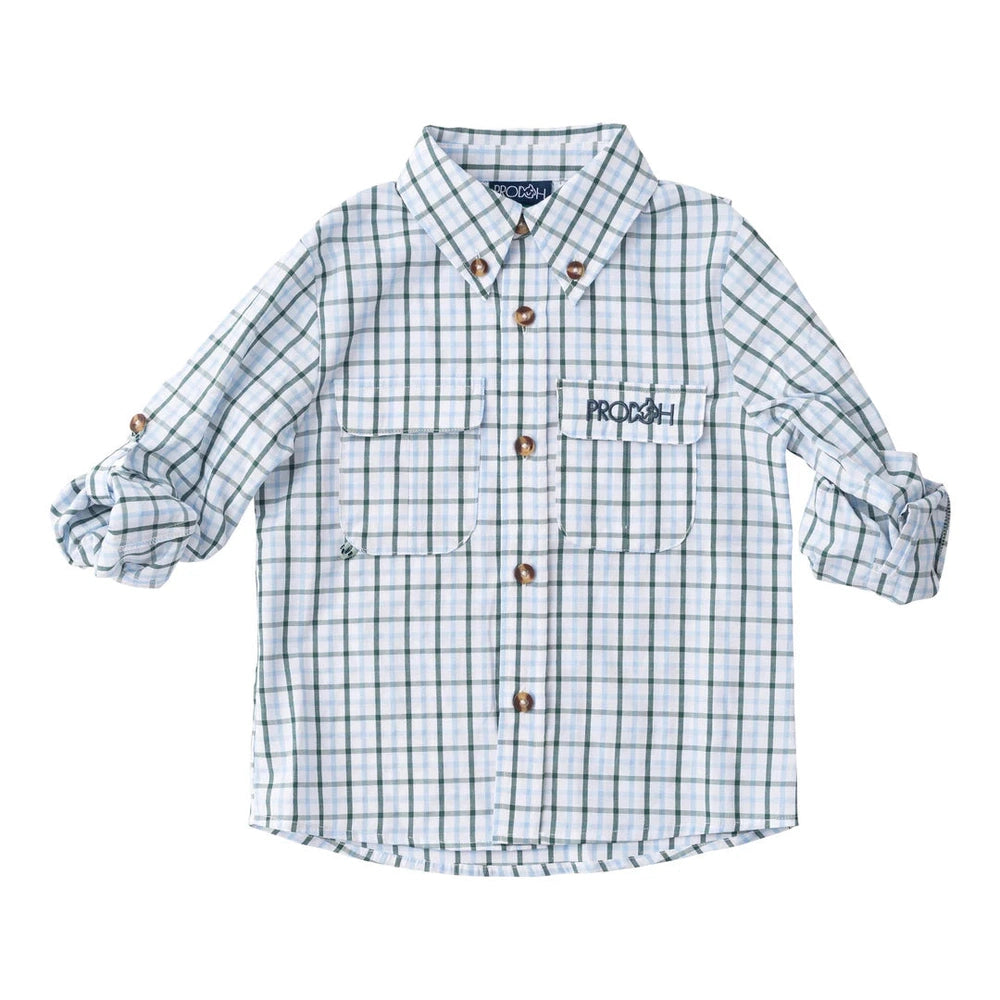 PRODOH Founders Kids Fishing Shirt in Posy Green Powder Blue Windowpane