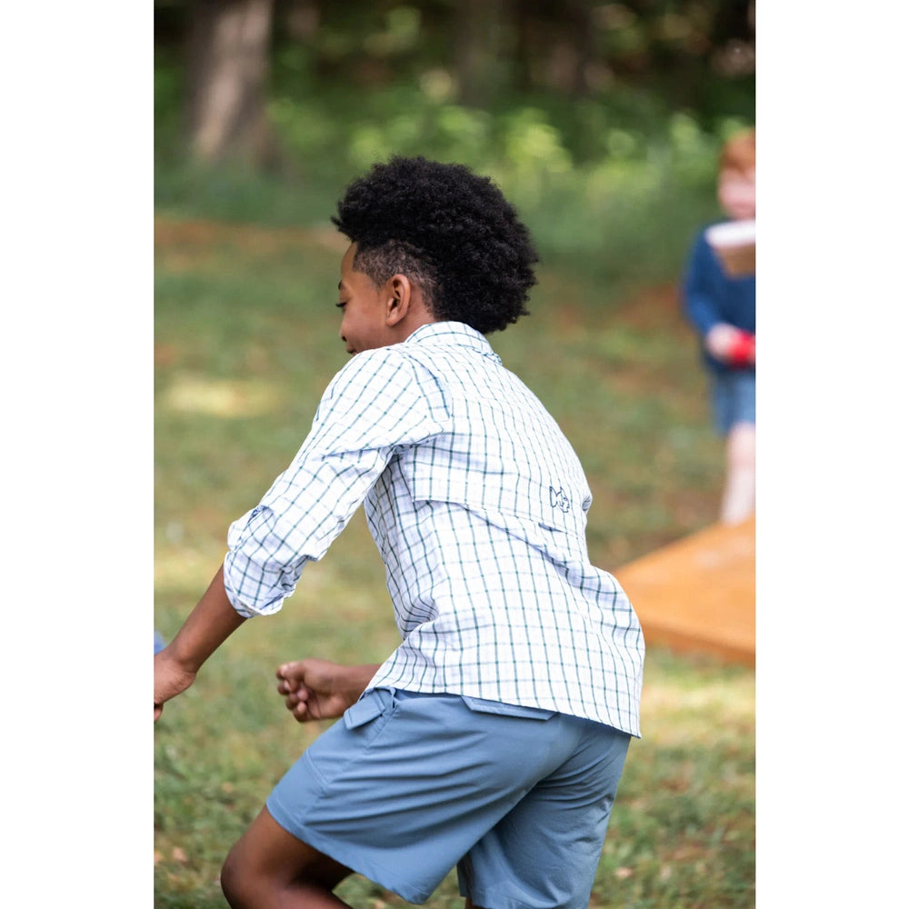 PRODOH Founders Kids Fishing Shirt in Posy Green Powder Blue Windowpane