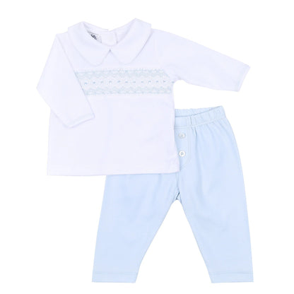 Magnolia Baby Freya and Finn Blue Smocked Collared Boy Pant Set