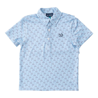 PRODOH Boys' Short Sleeve Pro Performance Polo in Powder Blue Golf Cart Print