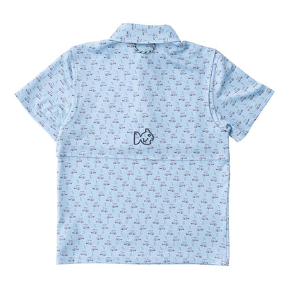 PRODOH Boys' Short Sleeve Pro Performance Polo in Powder Blue Golf Cart Print