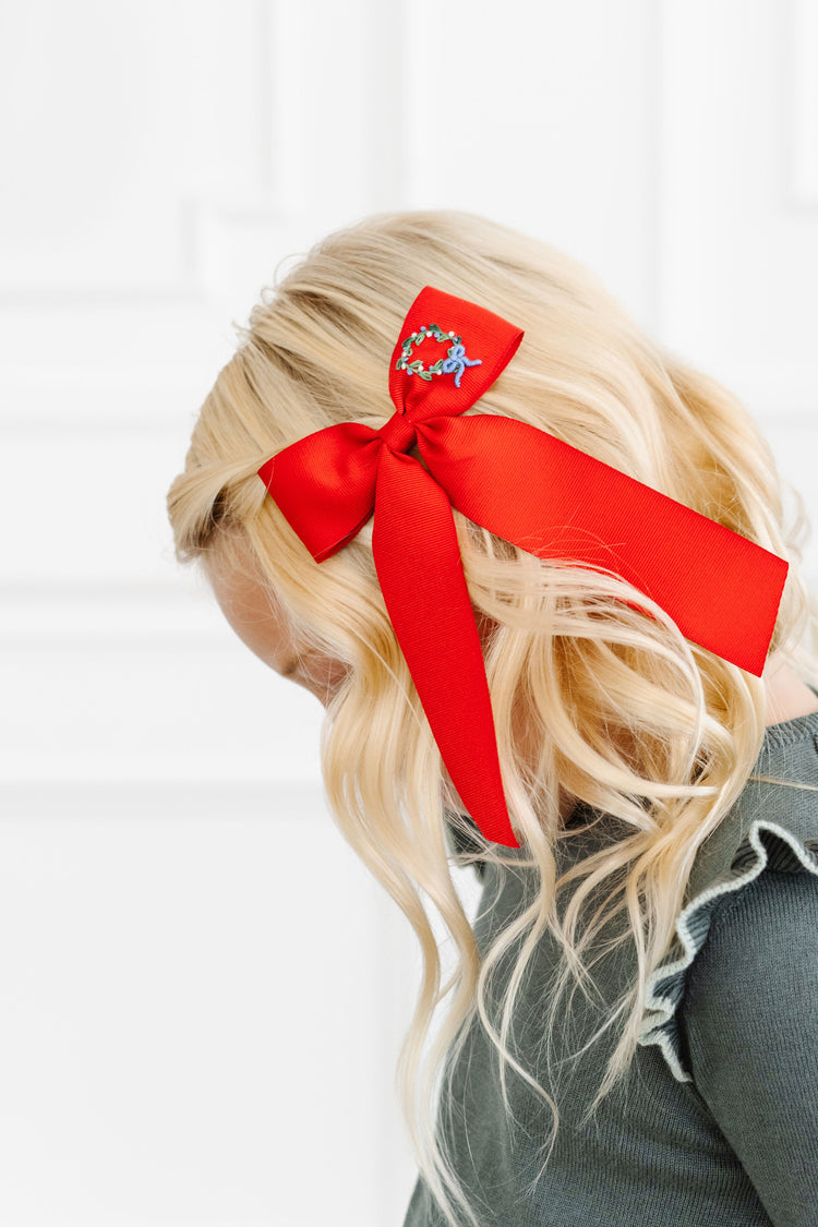 Winn and William Girls Red Wreath Bow on Clip