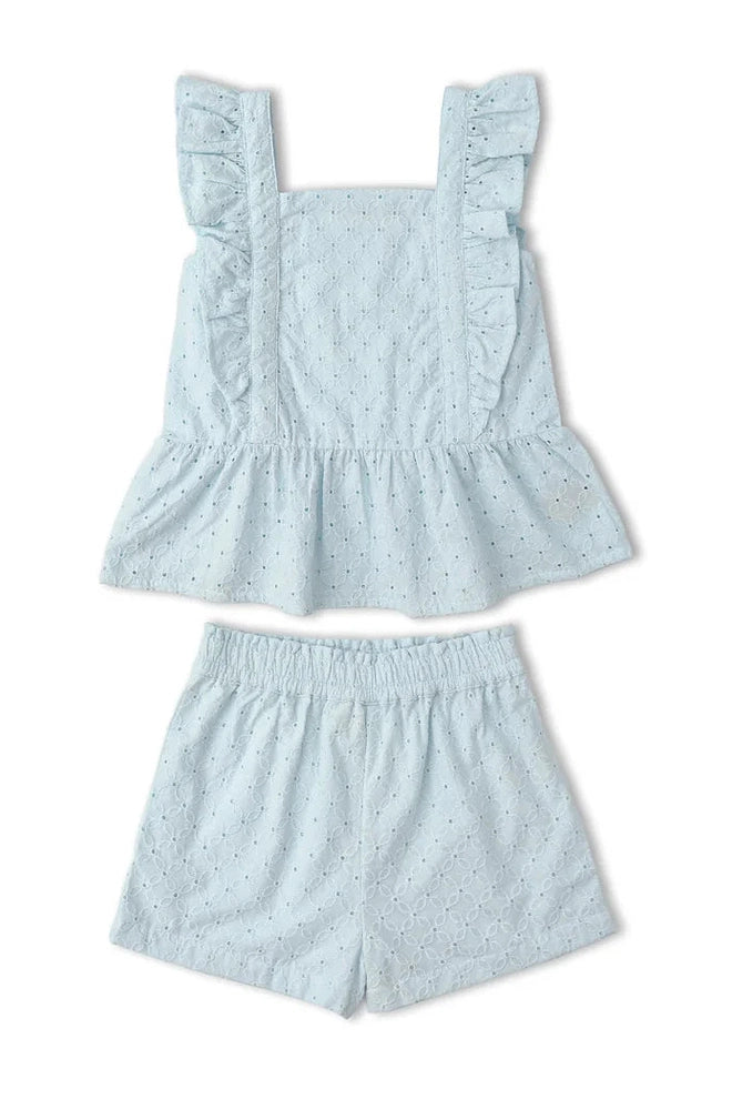 Makemake Organics Light Blue Eyelet Flutter Top Short Set
