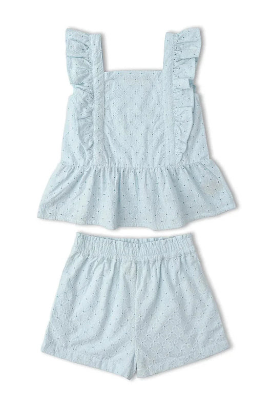 Makemake Organics Light Blue Eyelet Flutter Top Short Set