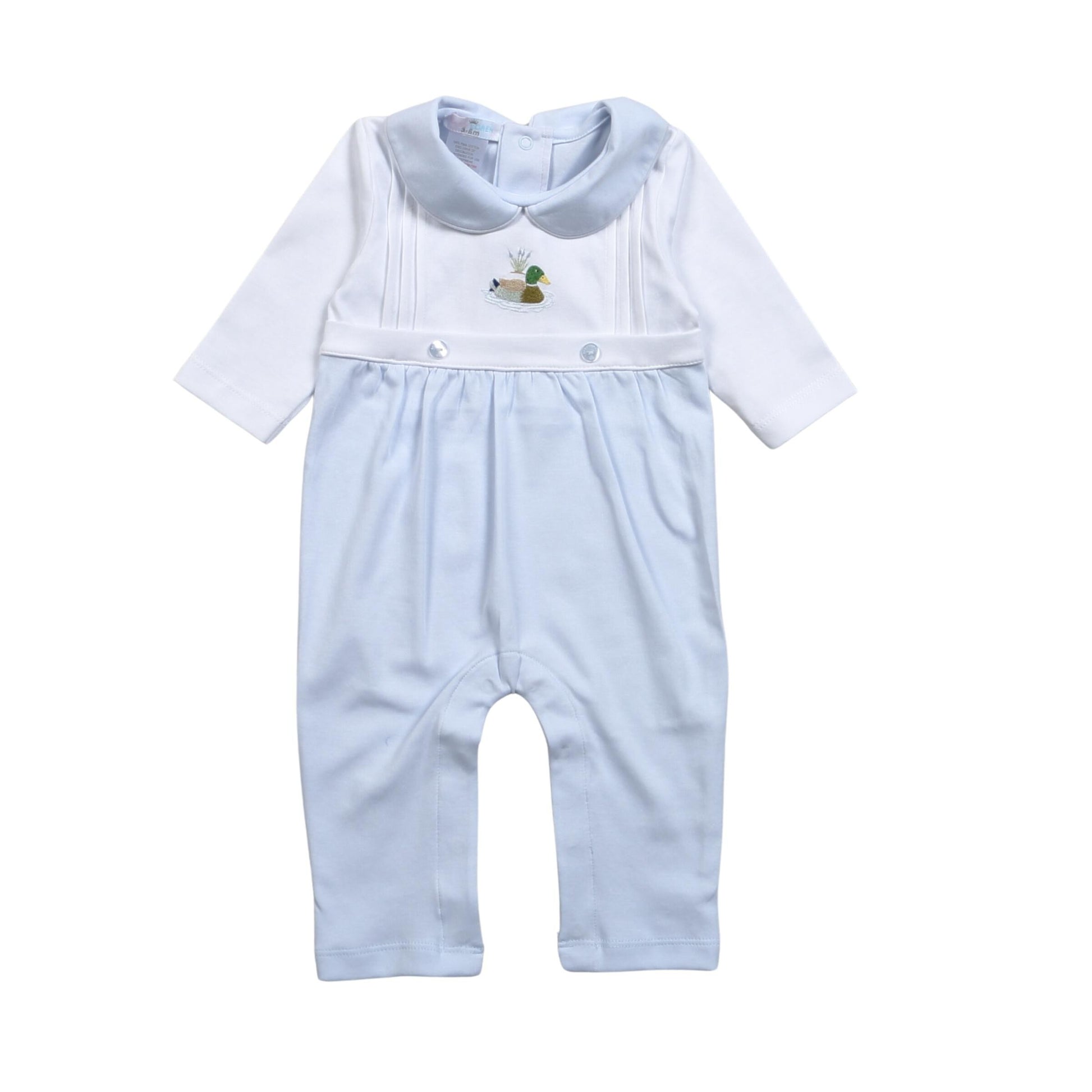 Baby Loren Blue Mallard Duck Hand Embroidered Pima Romper