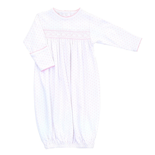 Magnolia Baby Mini Dots Pink Smocked Gathered Gown