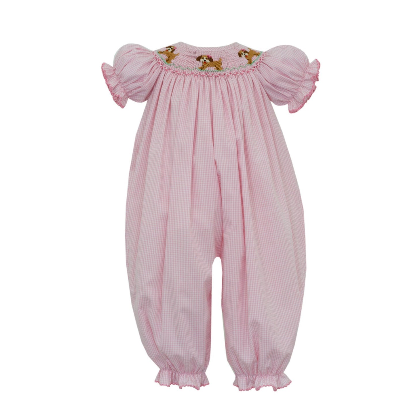 Petit Bebe Puppies Girls Pink Gingham Long Bishop Bubble