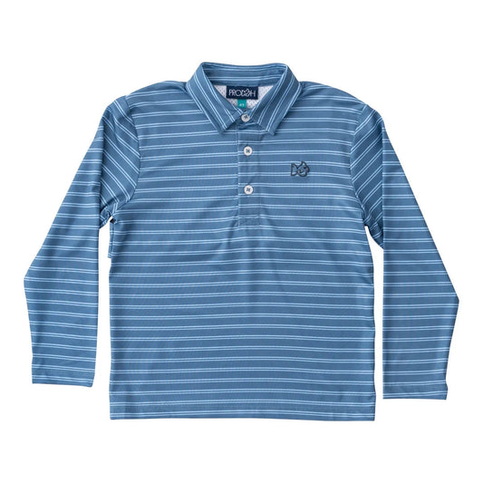 PRODOH Boys' Long Sleeve Pro Performance Polo in Bluefin and Powder Blue Stripe