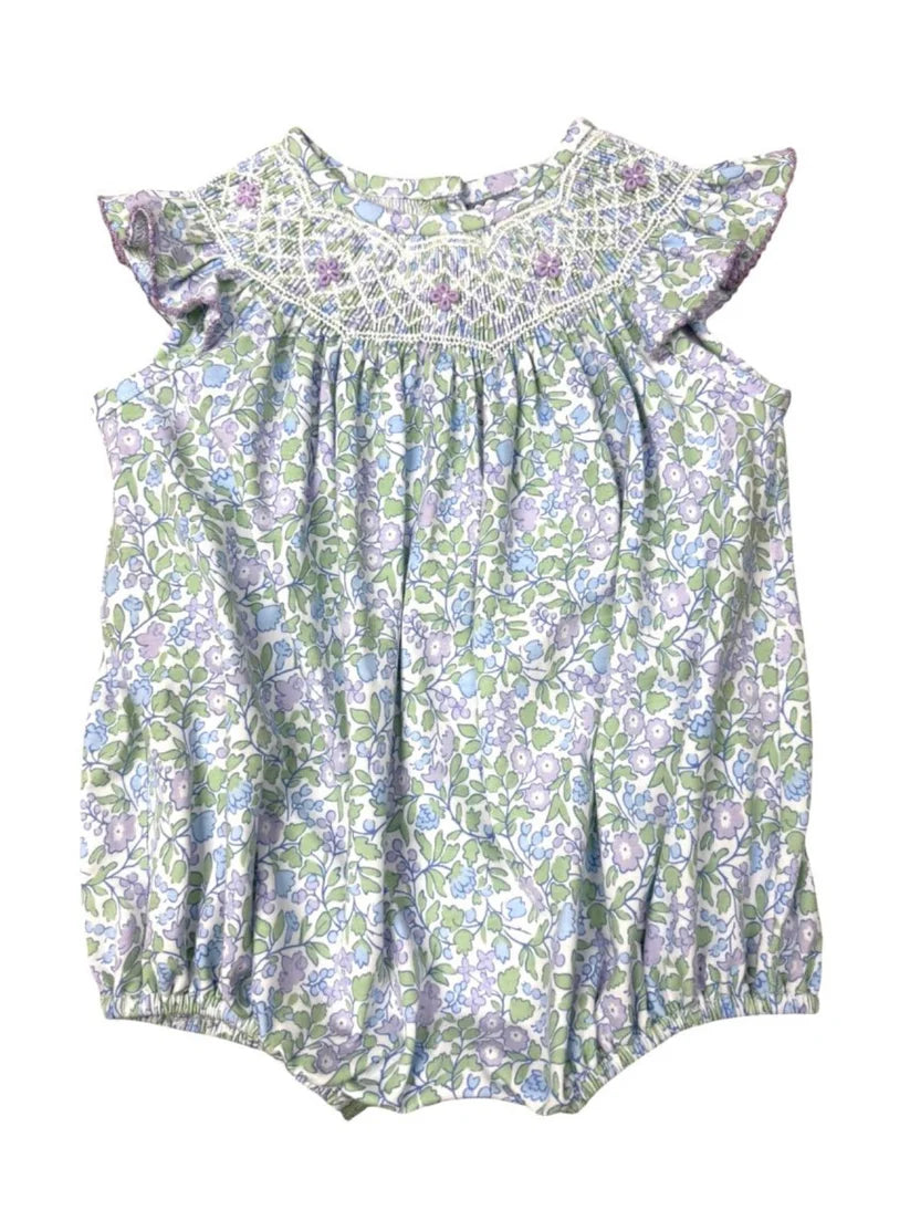 Three SistersThree Sisters Lilac Floral Smocked Angel Winged Geo BubbleBabysupermarket