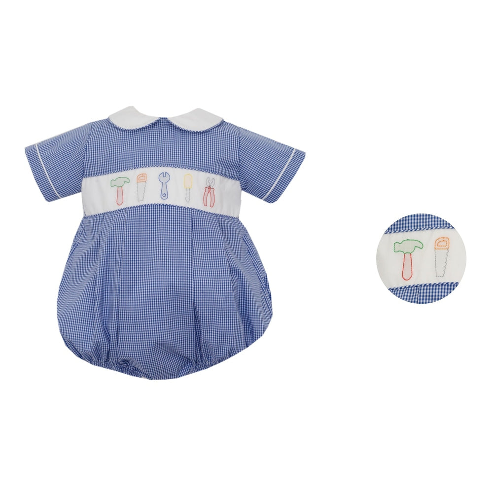 Anavini Boys Smocked Tools Royal Blue Gingham Bubble