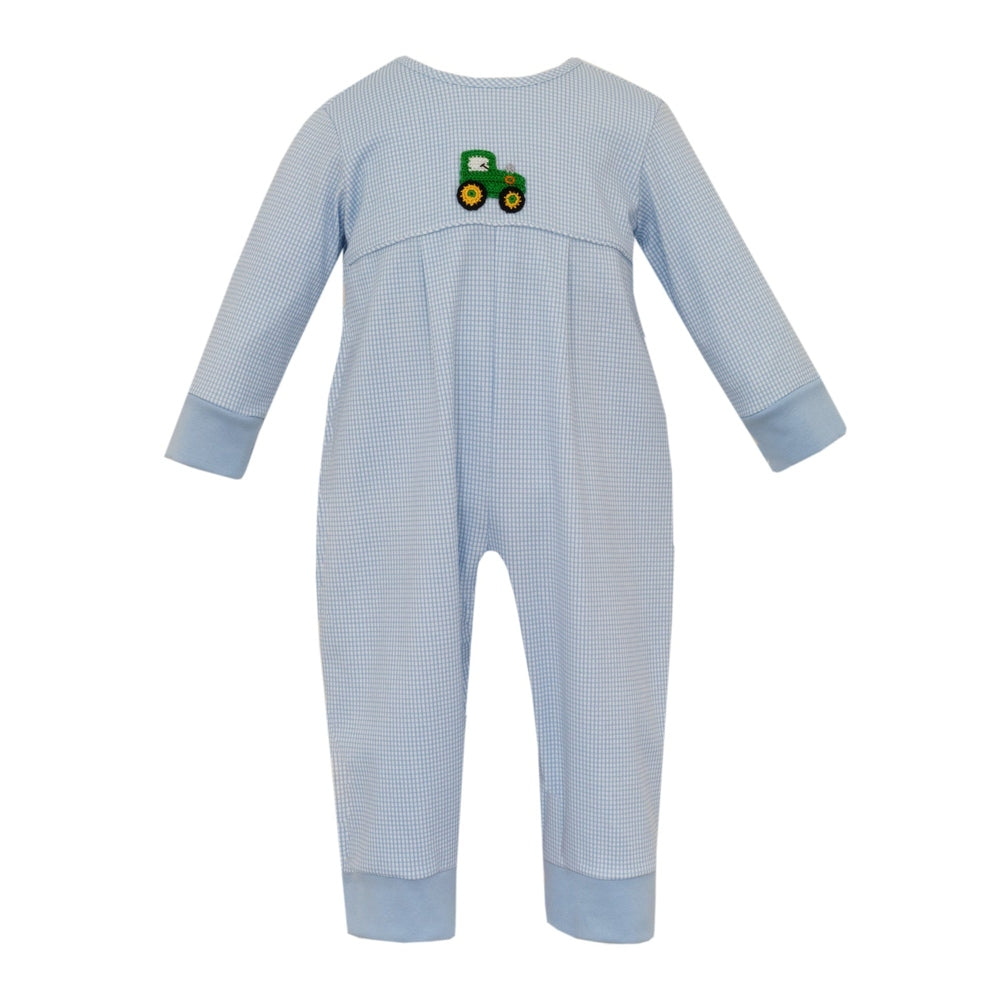 Petit Bebe Tractor Blue Check Long Romper babysupermarket