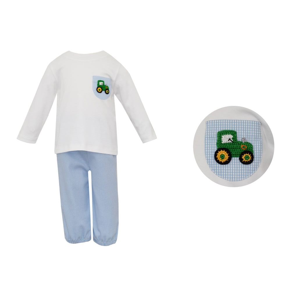 Petit Bebe Tractor Blue Check Pant Set