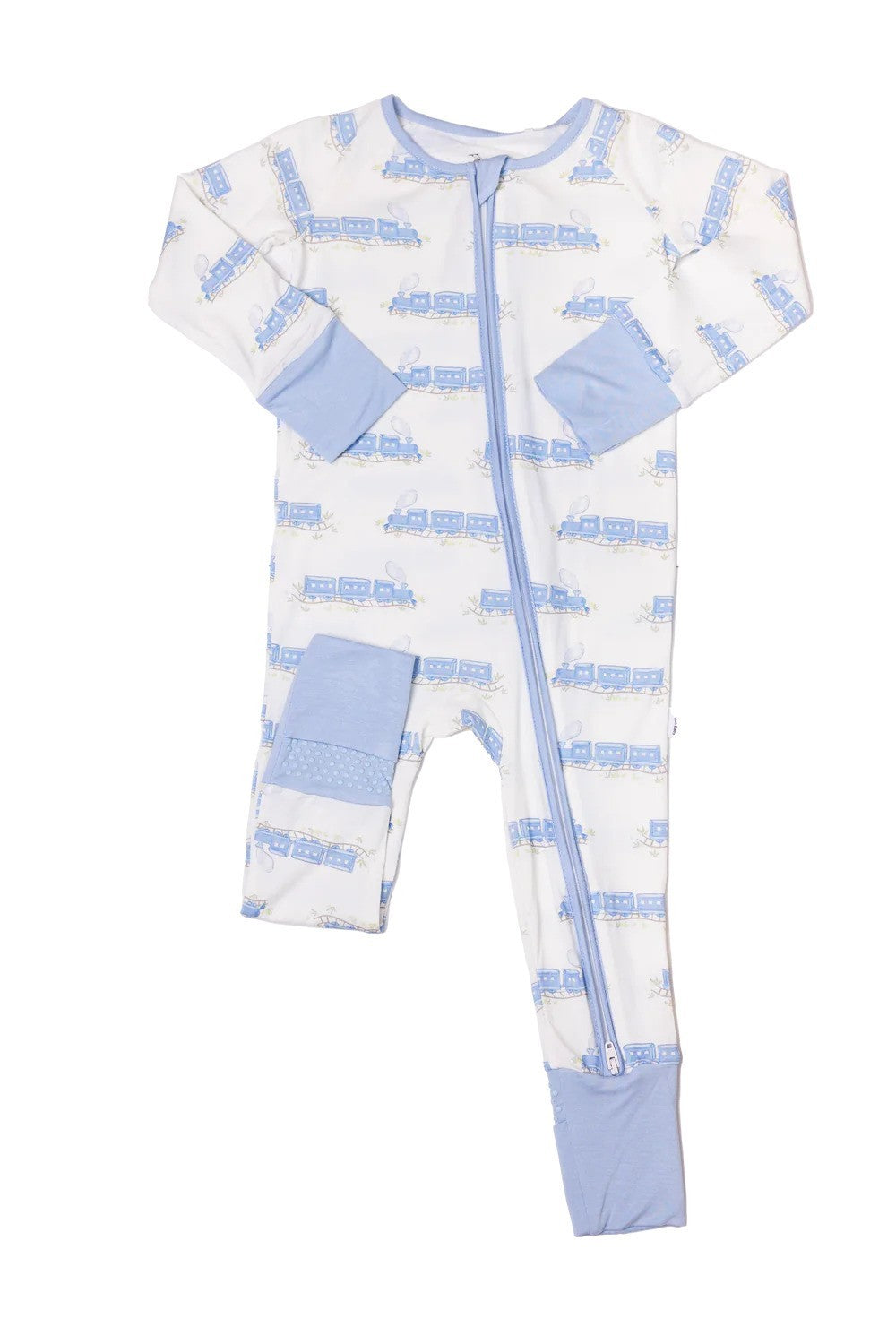 The Uptown Baby Blue Trains Long Sleeve Romper