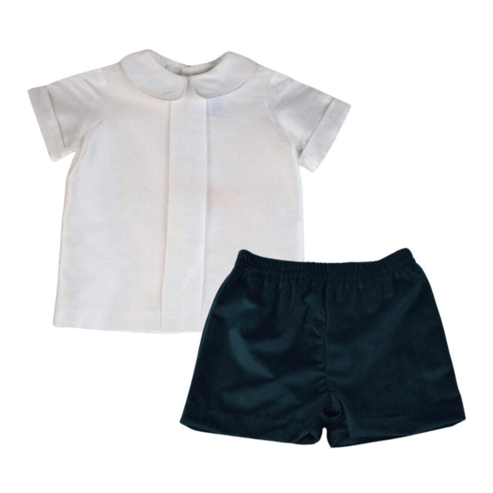 Funtasia Too Pleat Front White Silk Shirt & Green Velvet Short Set