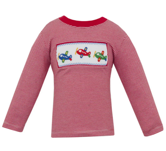 Anavini Boys Shirts Red Knit Stripe / 2 Toddler Anavini Boys Airplane Long Sleeve T-Shirt - Red Knit Stripe