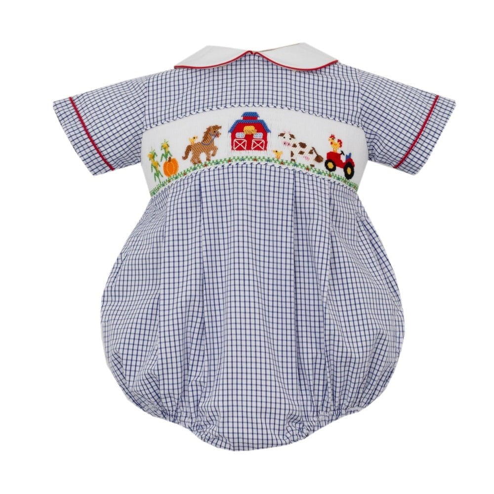 Anavini Apparel & Gifts Navy / 3 Mo Anavini Boys Smocked Farm Navy Blue Check Bubble