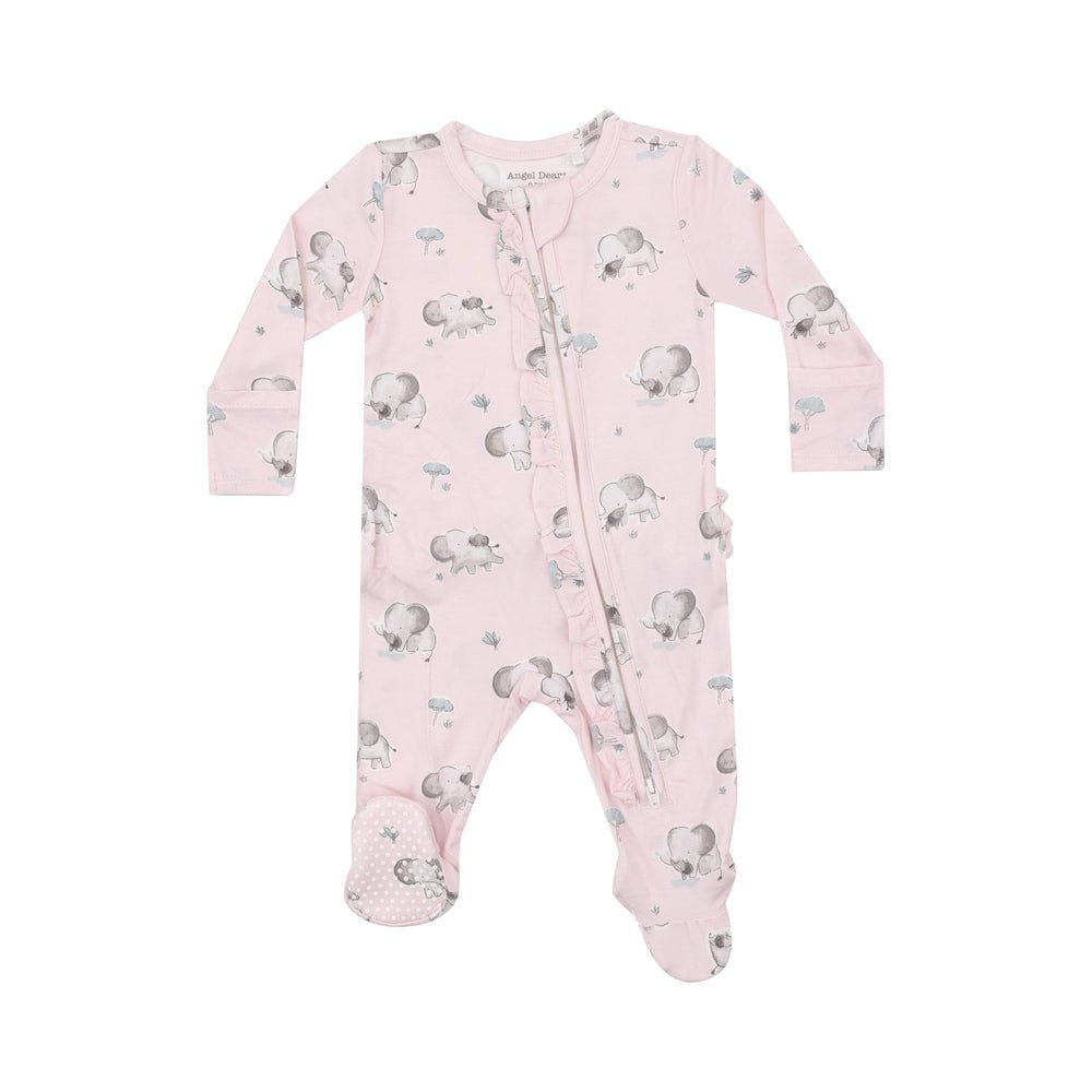 Angel Dear Girls Apparel / Sleepwear / Infant Newborn / Pink Angel Dear Gray Elephants Pink 2 Way Ruffle Zipper Footie