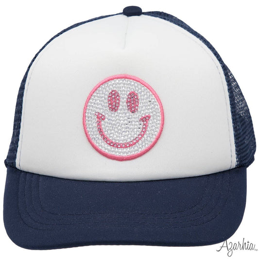 Azarhia LLC Azarhia Girls Hot Pink Smiley in Rhinestones Trucker Hat on Hot Pink Hat