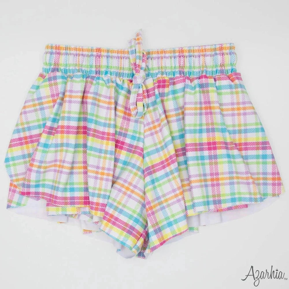 Azarhia Girls Neon Plaid Butterfly Flowy Short