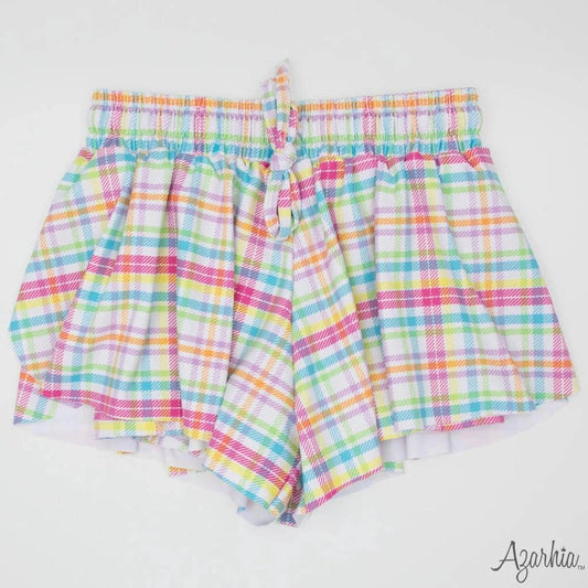 Azarhia Girls Neon Plaid Butterfly Flowy Short