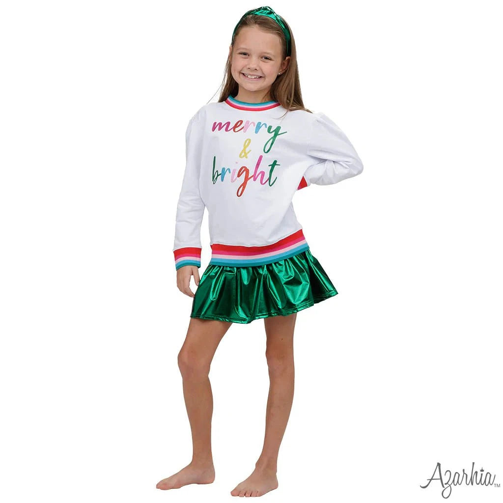 Azarhia Girls Slick Metallic Gathered Skort - Green