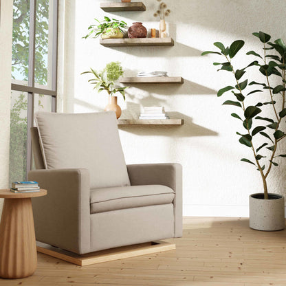 Babyletto Gliders & Rockers Performance Beach Eco-Weave with Light Wood Base Babyletto Cali Pillowback Chair and a Half Glider in Eco-Performance Fabric | Water Repellent & Stain Resistant