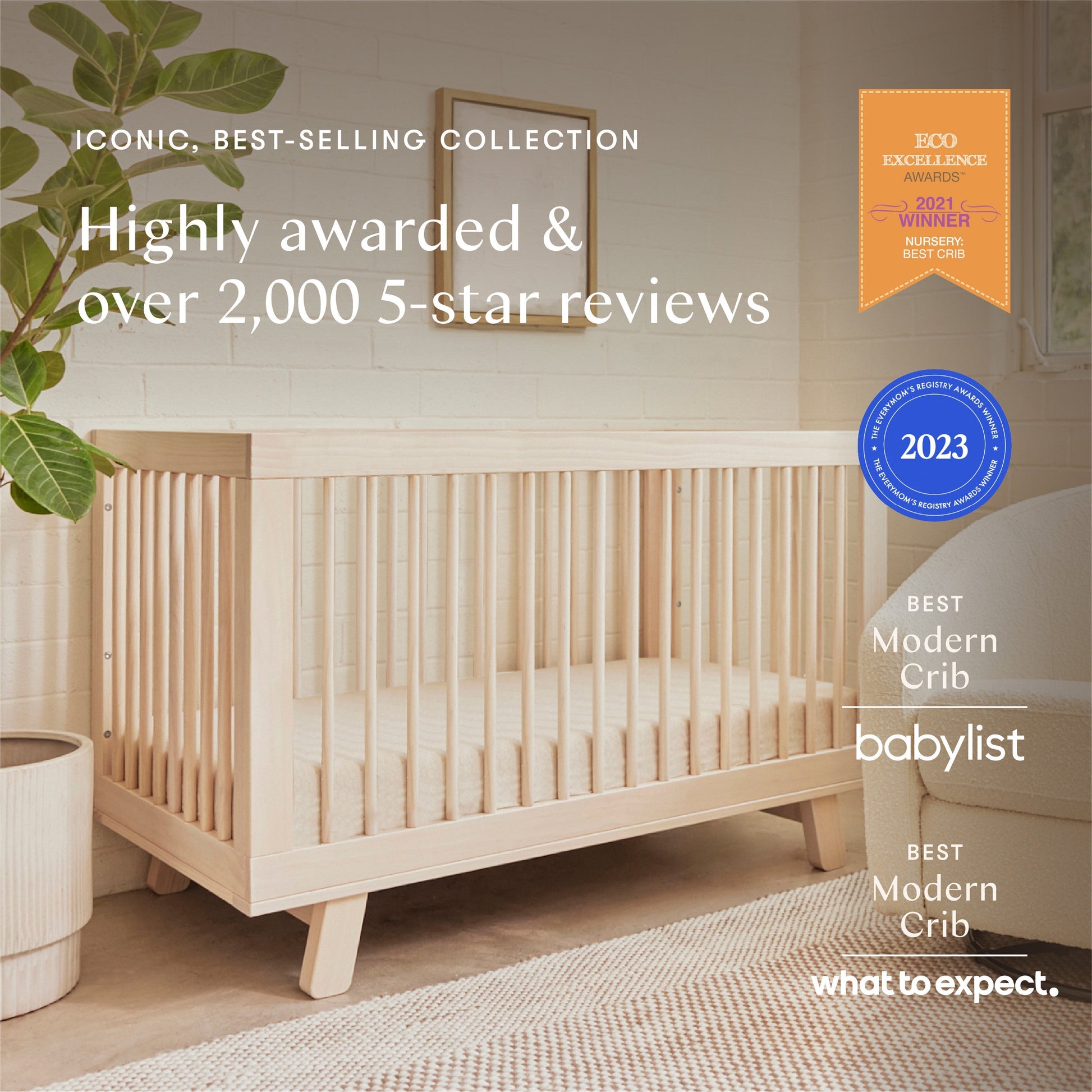 Babyletto Cribs Washed Natural Babyletto Hudson 3-in-1 Convertible Crib with Toddler Bed Conversion Kit