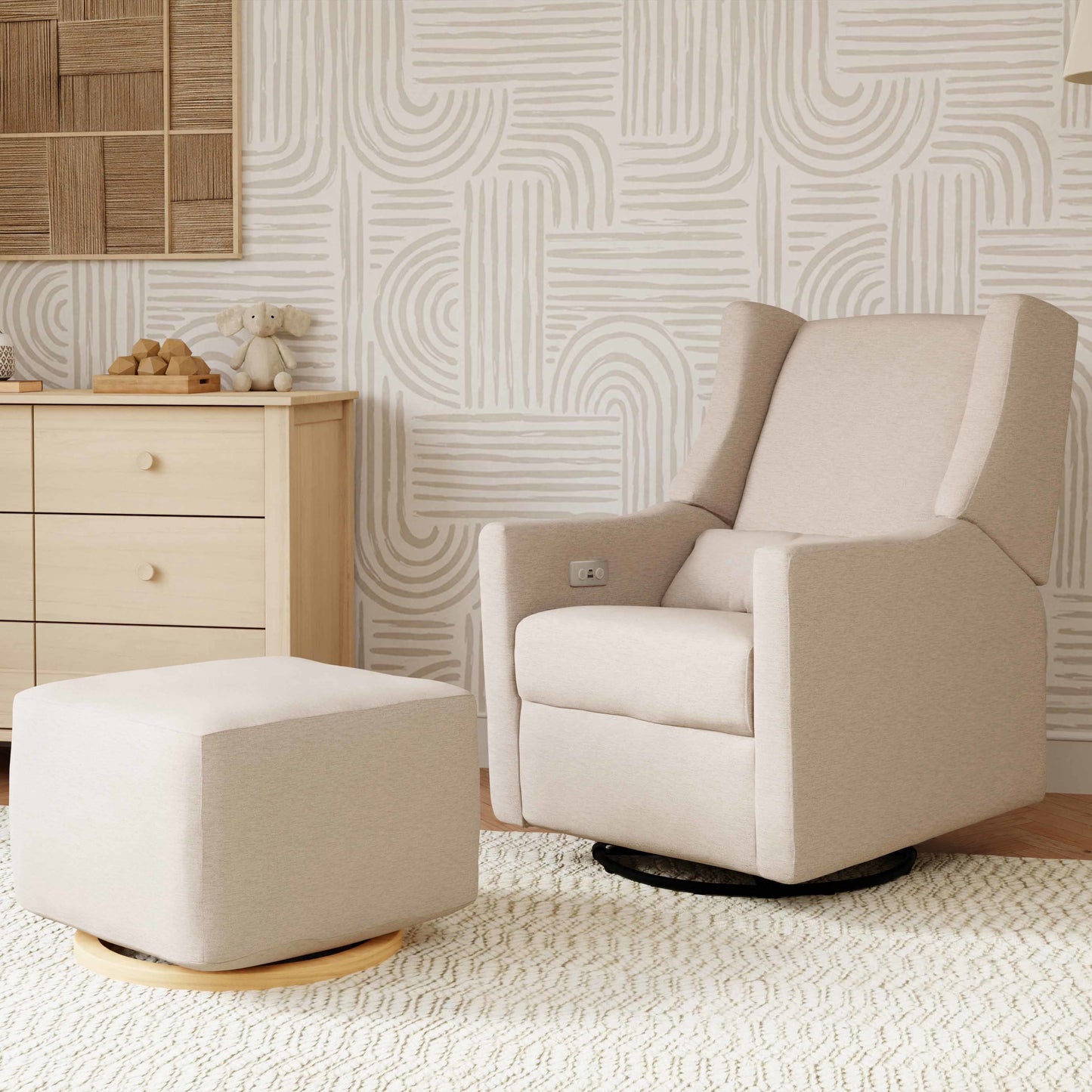 Babyletto Glider Performance Cream Eco-Weave Babyletto Kiwi Electronic Recliner and Swivel Glider with USB port