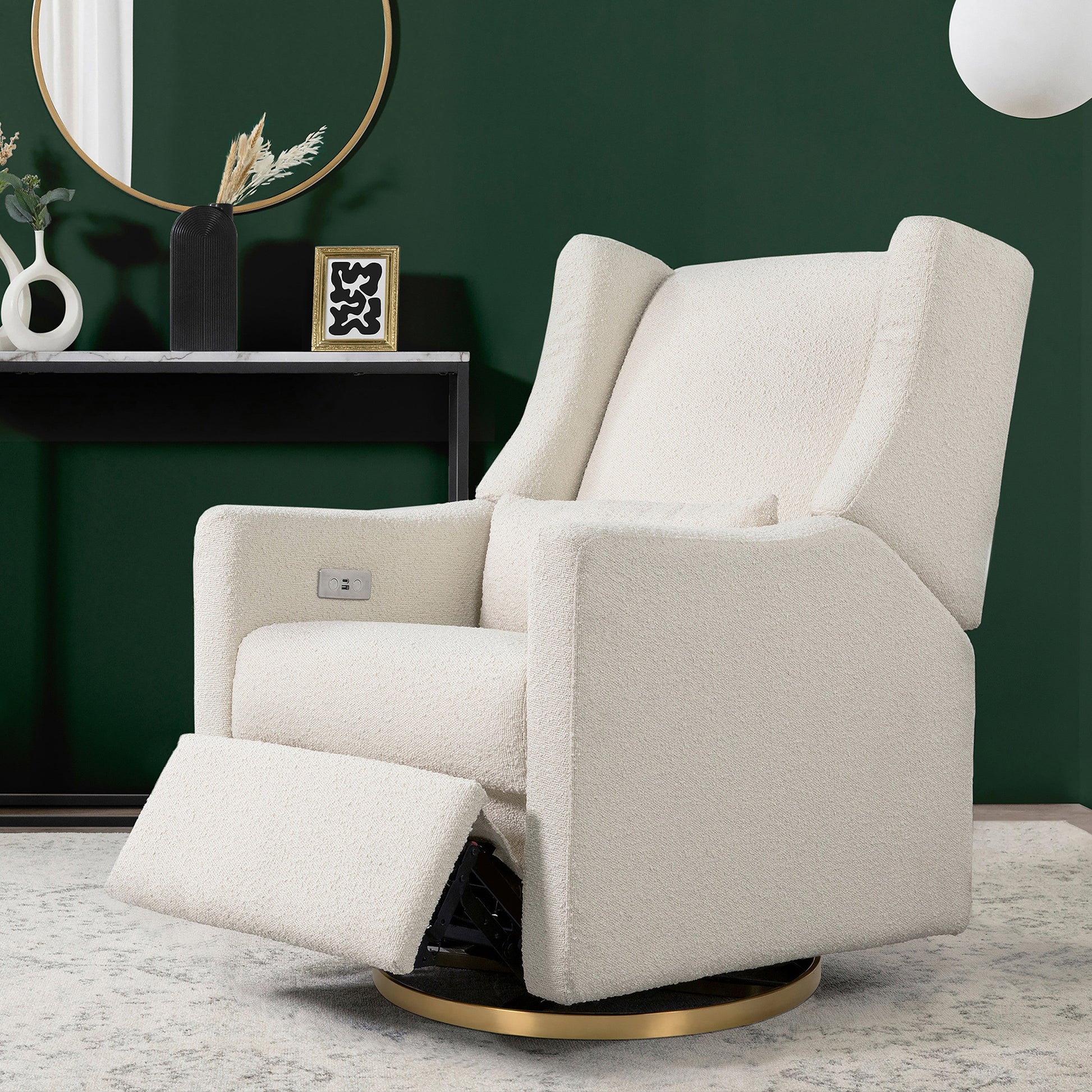 Babyletto Glider Performance Cream Eco-Weave Babyletto Kiwi Electronic Recliner and Swivel Glider with USB port