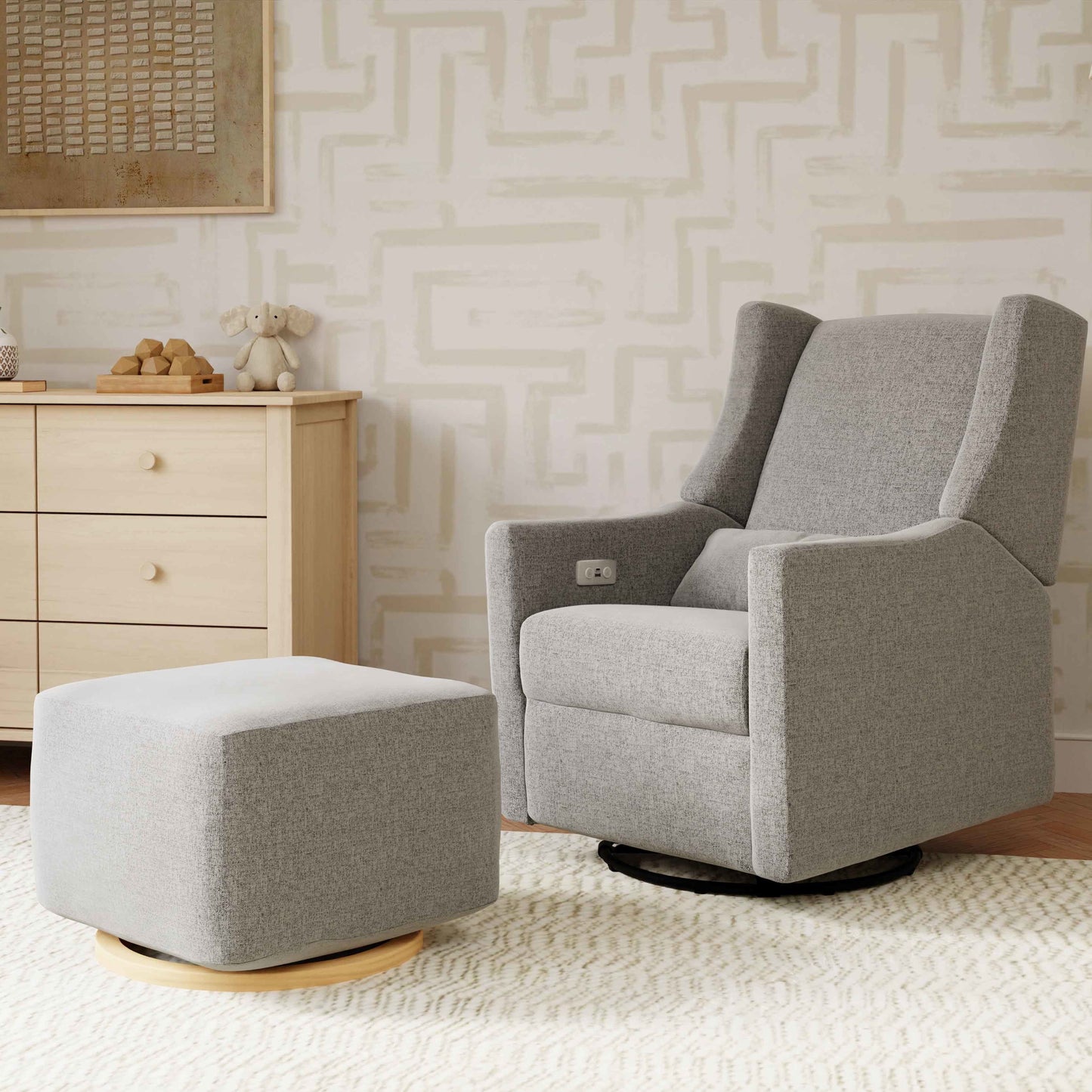 Babyletto Ottomans Performance Grey Eco-Weave with Light Wood Base Babyletto Kiwi Gliding Ottoman