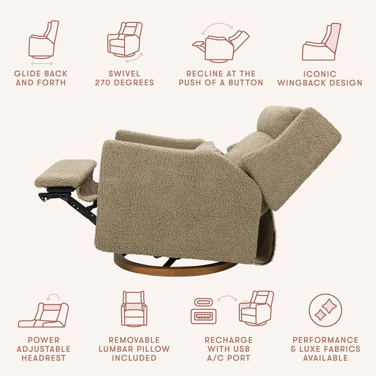 Babyletto Gliders & Rockers Babyletto Kiwi Plus Chair and a Half Power Recliner & Swivel Glider with Power Adjustable Headrest and USB Port