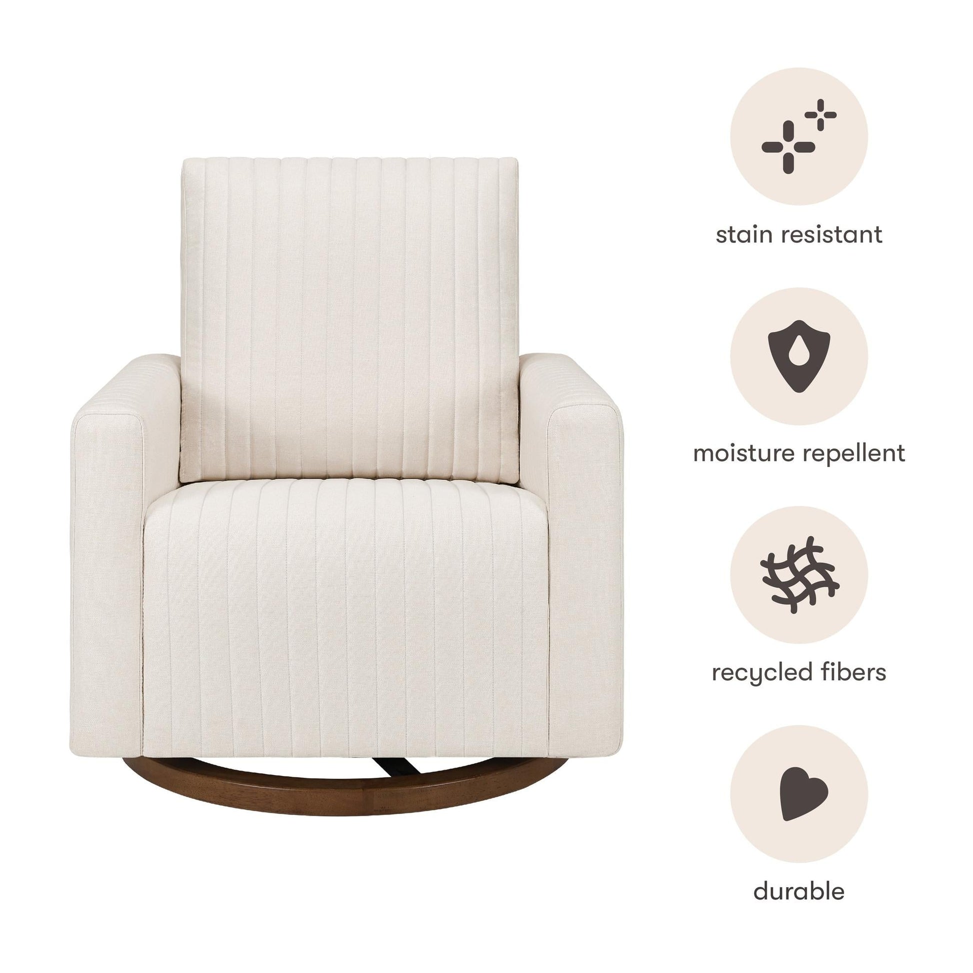 Babyletto Gliders & Rockers Performance Cream Eco-Weave with Dark Wood Base Babyletto Poe Channeled Swivel Glider in Eco-Performance Fabric | Water Repellent & Stain Resistant