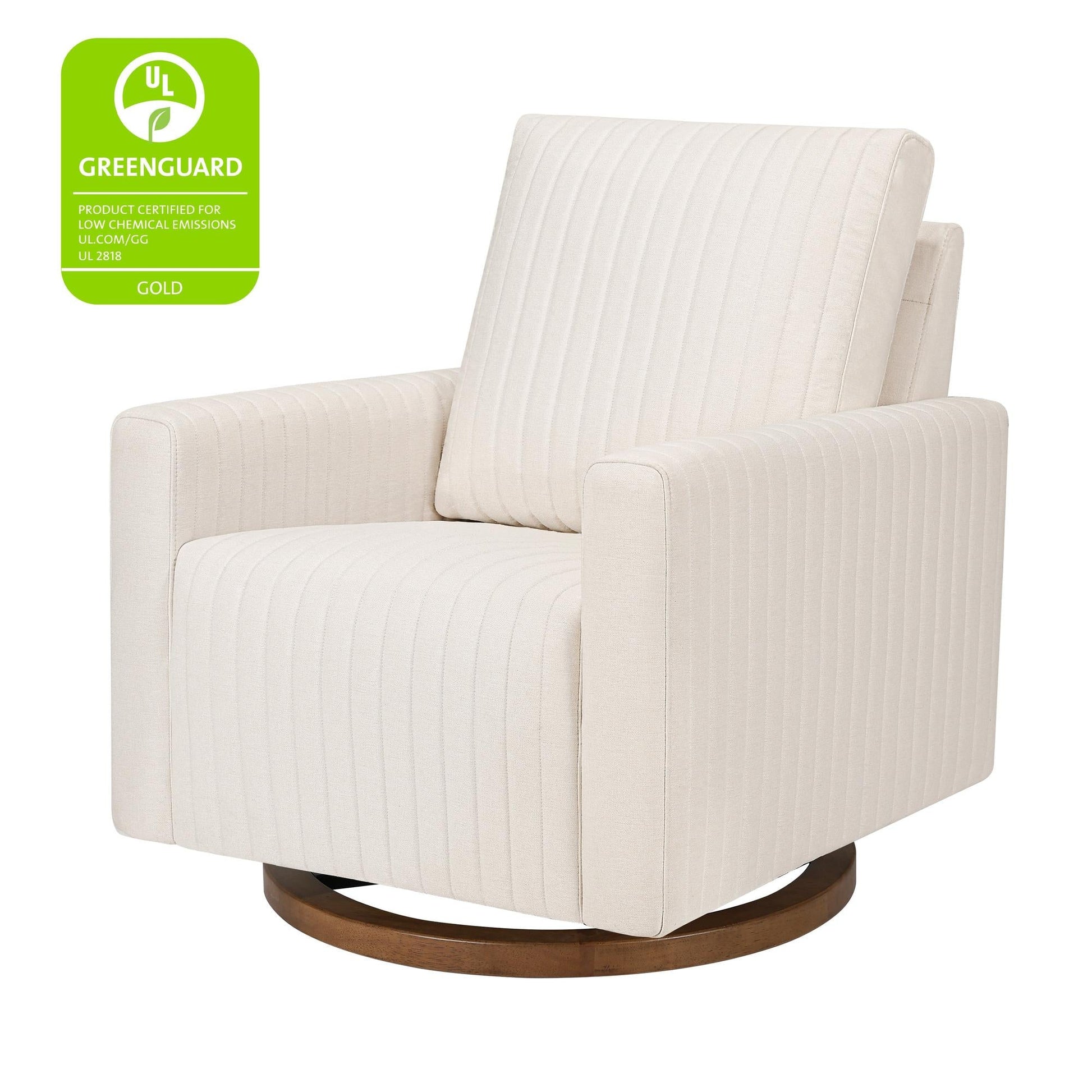 Babyletto Gliders & Rockers Performance Cream Eco-Weave with Dark Wood Base Babyletto Poe Channeled Swivel Glider in Eco-Performance Fabric | Water Repellent & Stain Resistant
