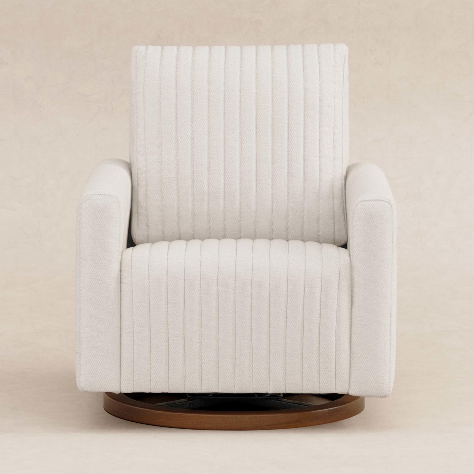 Babyletto Gliders & Rockers Performance Cream Eco-Weave with Dark Wood Base Babyletto Poe Channeled Swivel Glider in Eco-Performance Fabric | Water Repellent & Stain Resistant