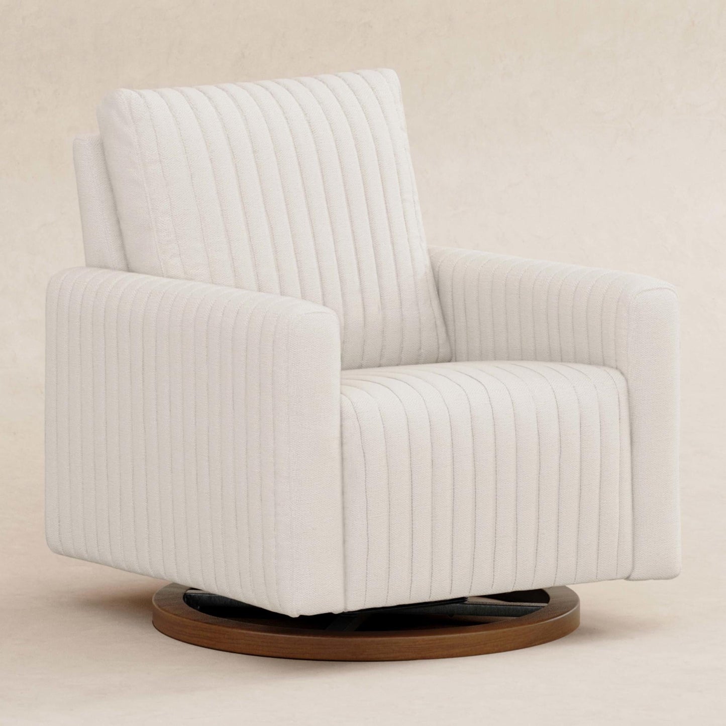Babyletto Gliders & Rockers Performance Cream Eco-Weave with Dark Wood Base Babyletto Poe Channeled Swivel Glider in Eco-Performance Fabric | Water Repellent & Stain Resistant