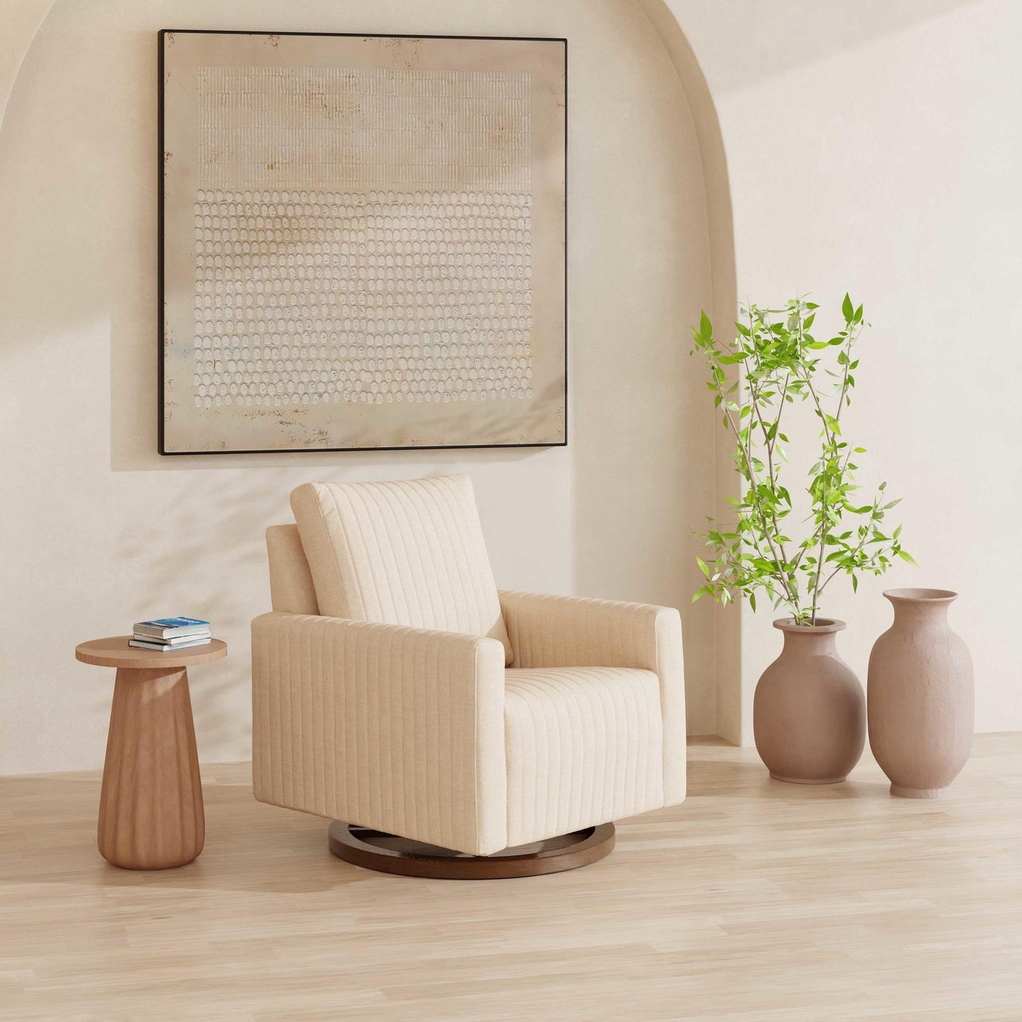 Babyletto Gliders & Rockers Performance Cream Eco-Weave with Dark Wood Base Babyletto Poe Channeled Swivel Glider in Eco-Performance Fabric | Water Repellent & Stain Resistant