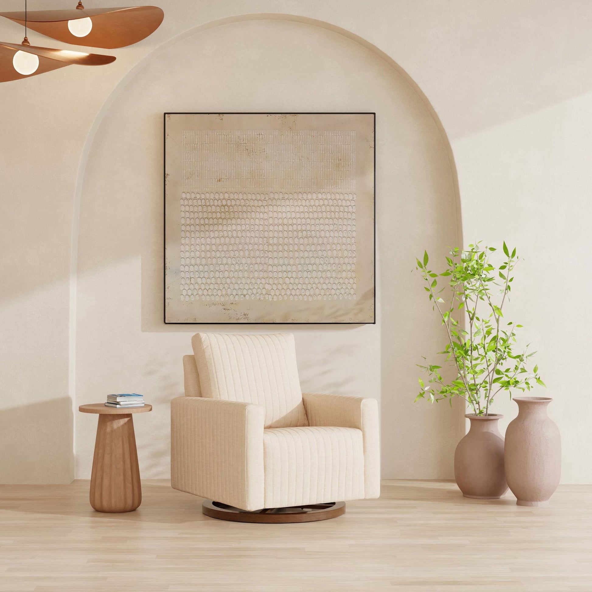 Babyletto Gliders & Rockers Performance Cream Eco-Weave with Dark Wood Base Babyletto Poe Channeled Swivel Glider in Eco-Performance Fabric | Water Repellent & Stain Resistant