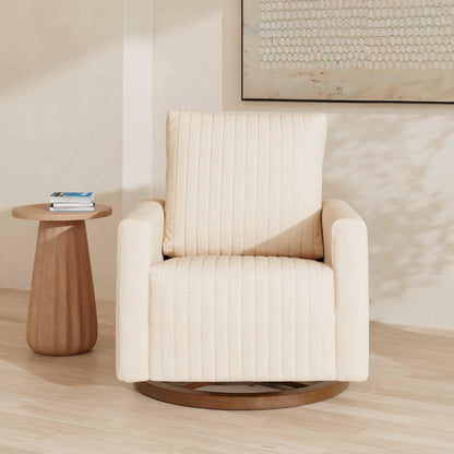 Babyletto Gliders & Rockers Performance Cream Eco-Weave with Dark Wood Base Babyletto Poe Channeled Swivel Glider in Eco-Performance Fabric | Water Repellent & Stain Resistant