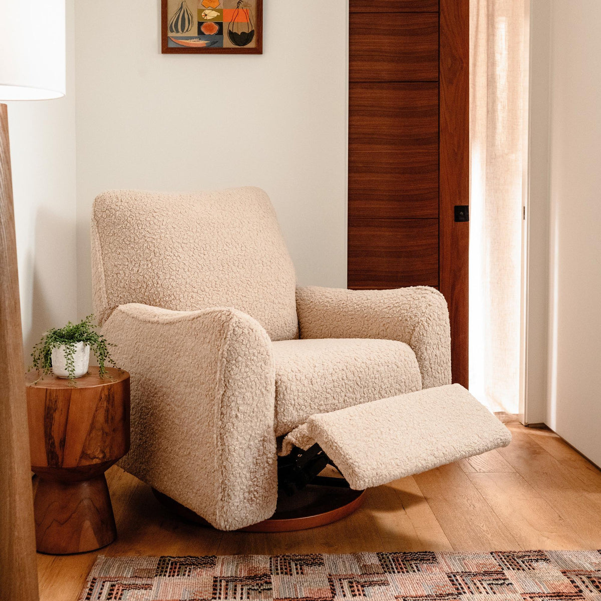 Babyletto Gliders & Rockers Chai Shearling with Dark Wood Base Babyletto Sunday Power Recliner and Swivel Glider in Shearling