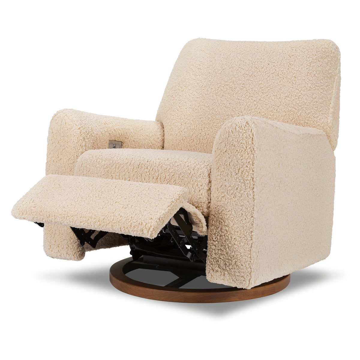 Babyletto Gliders & Rockers Chai Shearling with Dark Wood Base Babyletto Sunday Power Recliner and Swivel Glider in Shearling