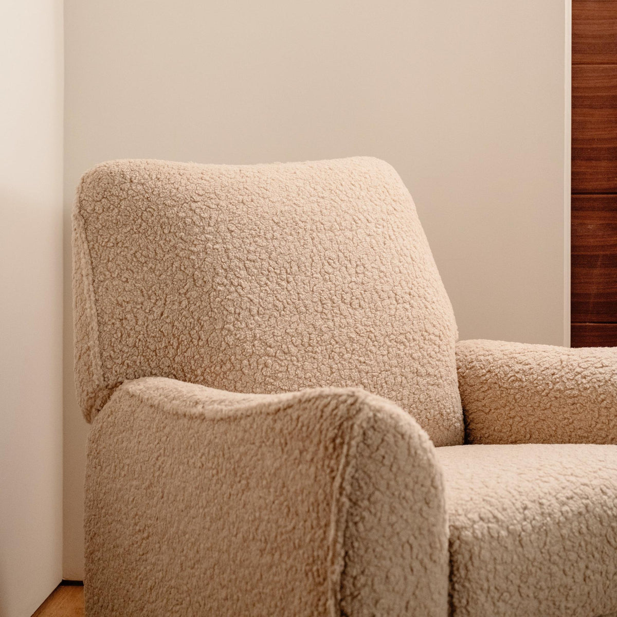 Babyletto Gliders & Rockers Chai Shearling with Dark Wood Base Babyletto Sunday Power Recliner and Swivel Glider in Shearling