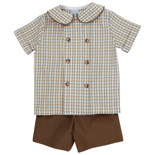 Bailey Boys Boys Shortalls Dressy Sets Pecan Plaid / 2 Toddler Bailey Boys Pecan Plaid with Bison Dressy Short Set