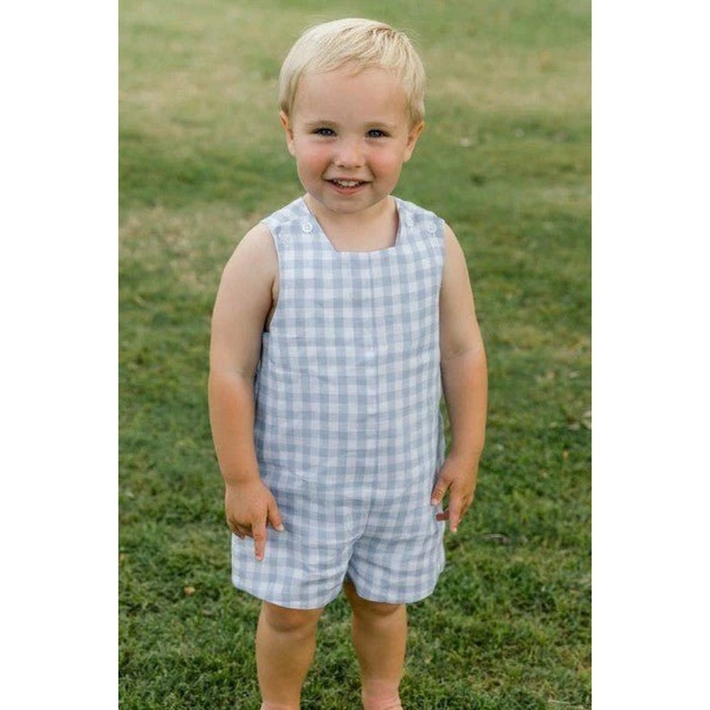 Bailey Boys Sky Linen Gingham Jon Jon with Tabs