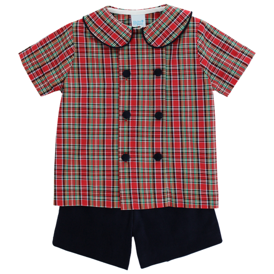 Bailey Boys Boys Shortalls Dressy Sets Tartan / 2 Toddler Bailey Boys Tartan Plaid with Navy Cord Dressy Short Set