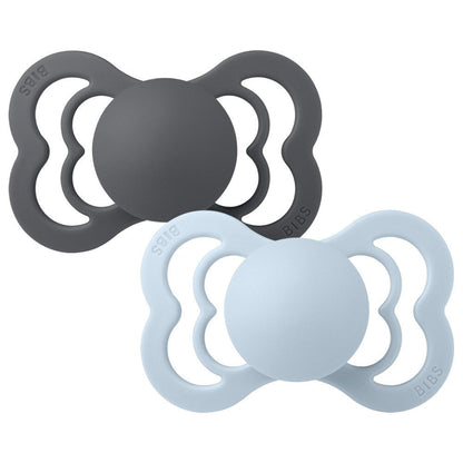 Bibs 2PK Supreme Silicone Pacifier 0+Months Size 1 - Iron/BabyBlue